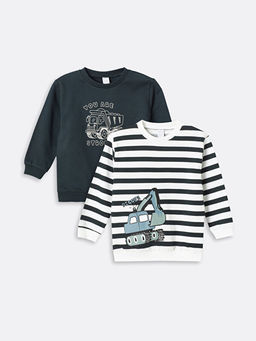 Bask?l? Uzun Kollu Erkek Bebek Sweatshirt 2li