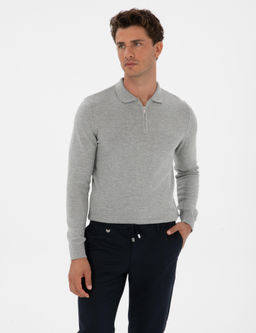 Gri Melanj Slim Fit Polo Yaka Fermuarl_ Basic Triko Kazak - Pierre cardin фото 3