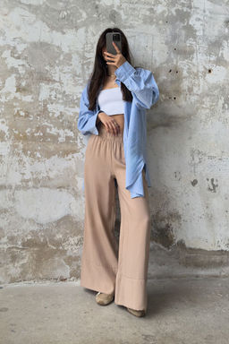 TRENDYOLMILLA Vizon Modal Cep Detayl? Wide Leg/Genis Paca Pileli Dokuma Pantolon TWOSS25PL00081