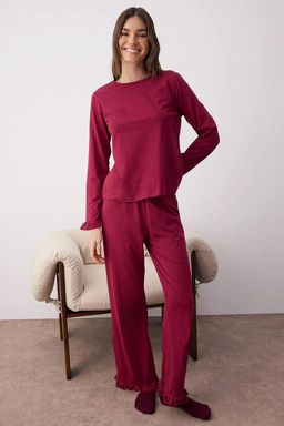 Bordo %100 Pamuklu F?rf?rl? Orme Pijama Tak?m? THMAW26PT00057 - Trendyolmilla фото 2