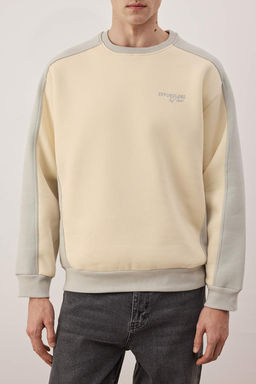 Gri-Ekru Un?sex Yeni Oversize/Genis Kesim Yaz? Nak?sl? Kal?n Ici Polarl? Sweatshirt TMNAW26SW00023 - Trendyolmilla фото 3