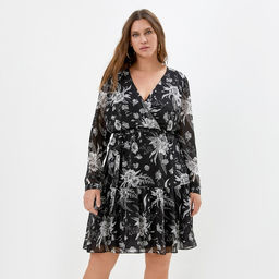 Платье женское короткое MIST plus-size, чёрное, размер 52, принт цветочный