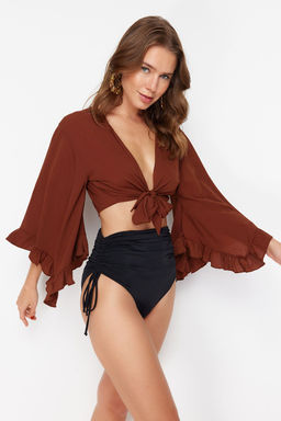 Kahverengi Crop Dokuma Volanl? Plaj Bluz TBESS19BB0095
