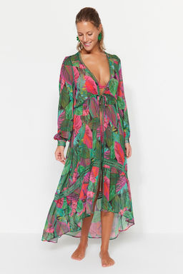 Tropikal Desenli Maxi Dokuma Serit Aksesuarl? Sifon Plaj Kimono&Kaftan TBESS23KM00002 - Trendyolmilla фото 3