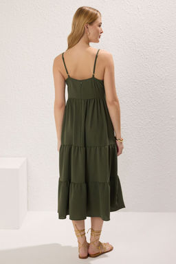 Haki Duz Etegi Belden Ac?lan Midi Dokuma Elbise TWOSS22EL1837