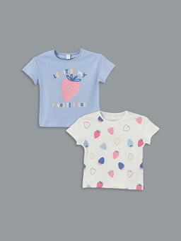 Bisiklet Yaka Bask?l? K?z ?ocuk Ti??rt 2li