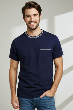 Lacivert Regular/Normal Kesim Cep ve Triko Bant Detayl_ %100 Pamuk Basic Tok T-shirt TMNSS25TS00035