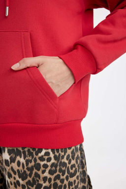 Женская красная толстая базовая однотонная толстая толстая базовая толстовка с капюшоном и карманом-кенгуру Relax Fit - Defacto фото 6