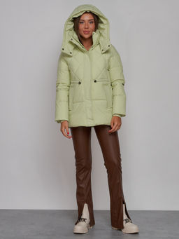 Зимняя женская куртка модная с капюшоном салатового цвета 52302Sl