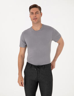 Gri Regular Fit Kal_n Dokulu Bisiklet Yaka Basic Ti__rt