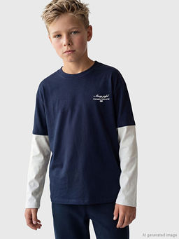 Bisiklet Yaka Bask?l? Renk Bloklu Erkek ?ocuk Ti??rt