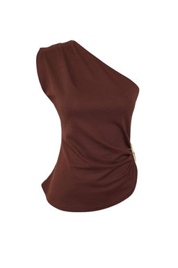 Kahverengi Duz Kay?k Yaka Kolsuz Orme Scuba Krep Party Bluz TPRSS25BZ00045