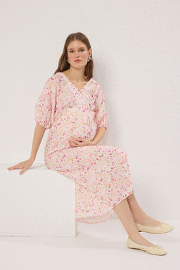 Cok Renkli Hamile Midi C?t?r Cicekli Balon Kollu Elbise TBBSS25AH00184