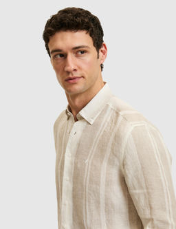 Bej Regular Fit %100 Keten Yakas_ D__meli _izgili G_mlek