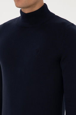 Erkek Slim Fit Yar_m Bal_k__ Yaka Lacivert Basic Kazak