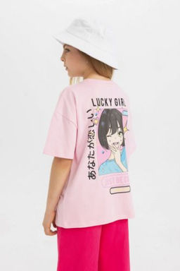 K?z Cocuk Oversize Genis Kal?p Bisiklet Yaka S?rt Bask?l? K?sa Kollu Tisort