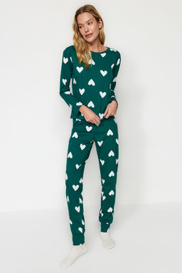 Zumrut Yesili %100 Pamuklu Kalpli Orme Pijama Tak?m? THMAW21PT0566