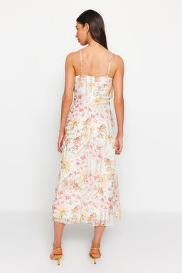 Trendyolmilla Beyaz Cicek Desenli Belden Ac?lan Ask?l? Maxi Astarl? Sifon Dokuma Elbise TWOSS23EL02421