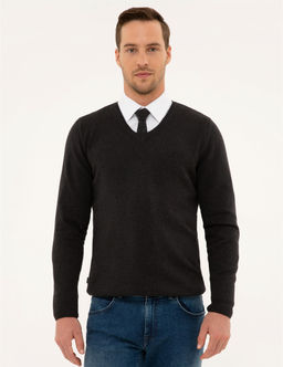 Antrasit Melanj Slim Fit V Yaka Basic Triko Kazak