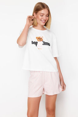 Trendyolmilla Kad?n Couple/Cift Cok Renkli %100 Pamuklu Ay?c?kl? Cizgili Sortlu Orme Pijama Tak?m? THMSS24PT00175  фото 2