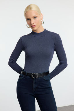 Indigo Fitted/Vucuda Oturan Dik Yaka Uzun Kol Fitilli Esnek Orme Bluz TWOAW21BZ0423