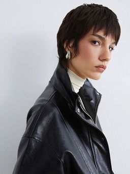 Dik Yaka Oversize Kad?n Deri G?r?n?ml? Ceket