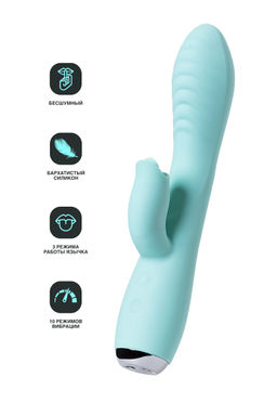 Вибратор с клиторальным стимулятором и язычком, JOS MILO, силикон, голубой, 20 см  фото 12