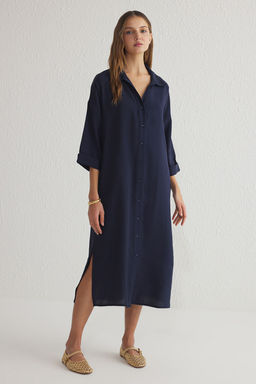 TRENDYOLMILLA Kahverengi Modal Genis Kesim Midi Dokuma Gomlek Elbise TWOSS25EL00001