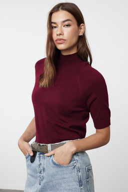Bordo Merserize Gorunumlu Premium Iplik/Ozel Iplik Basic Ince Triko Bluz TWOAW24BZ00005