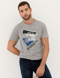 A__k Gri Melanj Slim Fit Bask_l_ Bisiklet Yaka Ti__rt