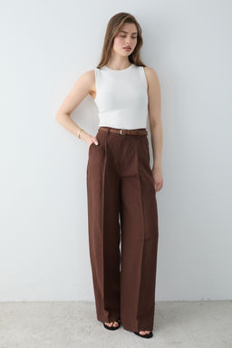 Kahverengi Keten G_r_n_ml_ Kemerli Pantolon TWOSS26PL00189