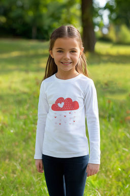 Ekru*001 K?z Cocuk Kalp Desenli Bisiklet Yaka Pamuklu Orme T-Shirt TKDAW25TS00010