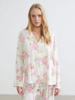 G?mlek Yaka ?i?ekli Kad?n Pijama Tak?m