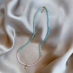 Бусы с подвеской из Амазонита и Розового кварца огранка