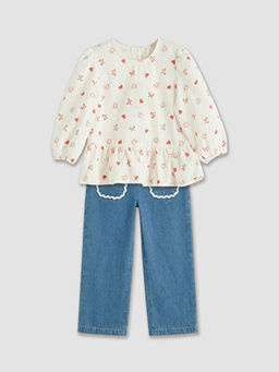 K?z Bebek Desenli Bluz ve Jean Pantolon
