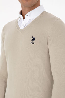 Erkek Slim Fit V Yaka A__k Haki Basic Kazak