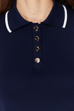 Lacivert Polo Yaka Renk Bloklu Bluz TWOSS24BZ00244