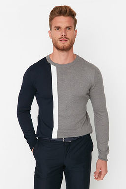 Lacivert Slim Fit Pamuklu Bisiklet Yaka Renk Bloklu Triko Kazak TMNAW21KZ0566 - Trendyolmilla фото 2