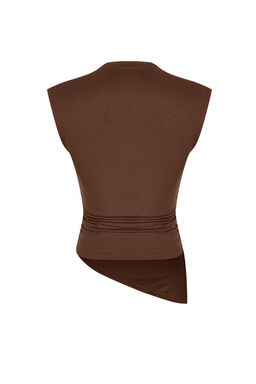 Kahverengi Dik Yaka Buzgu/Drape Detayl? Fitted/Vucuda Oturan Asimetrik Orme Bluz TWOSS24BZ00534