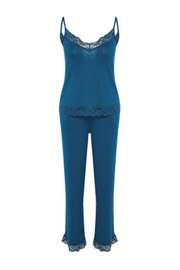 Trendyolmilla Siyah Dantelli ve Kurdele/Fiyonk Detayl? Ip Ask?l? Viskon Orme Pijama Tak?m? THMSS20PT0134  фото 9