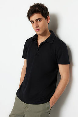 Siyah Regular/Normal Kesim Pike Fermuarl_ Polo Yaka T-Shirt TMNSS23PO00019