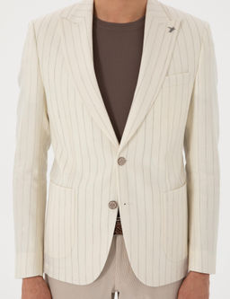 Ekru Slim Fit Y_n Keten Kar___ml_ _izgili K_rlang__ Yaka Ceket