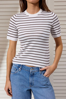 Trendyolmilla Ekru Cizgili Basic Viskon Kar?s?ml? Triko Ince Bluz TWOSS25BZ00488  фото 14