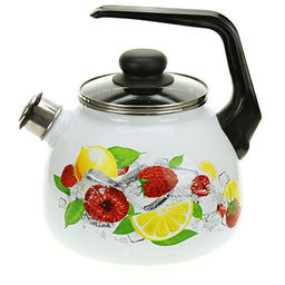 "Лимон" Чайник эмалированный 3л, д20см, h16см, со свистком, сферическая форма, стеклянная крышка с пластмассовой ручкой-кнопкой, ободок из нержавеющей стали, пластмассовая фиксированная ручка, белый (Россия)