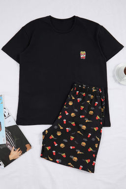 Siyah Regular Kesim Food Bask?l? Pamuklu Pijama Tak?m? TMNSS26PT00029