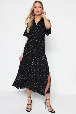 TRENDYOLMILLA Siyah Kusakl? Puantiyeli Maxi Viskon Dokuma Gomlek Elbise TWOSS19EL0094