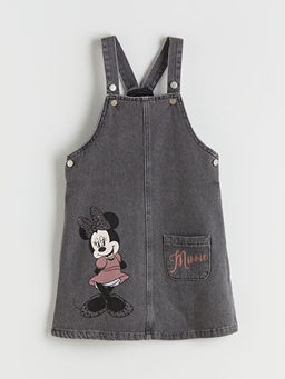 Kare Yaka Minnie Mouse Bask?l? K?z ?ocuk Jean Salopet Elbise