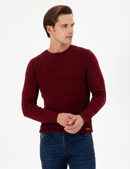 Erkek Slim Fit Bisiklet Yaka Bordo Kazak