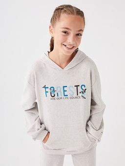 Kap??onlu Bask?l? Uzun Kollu K?z ?ocuk Sweatshirt