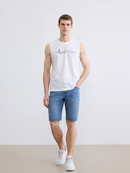 Bisiklet Yaka Bask?l? Erkek Kolsuz Ti??rt